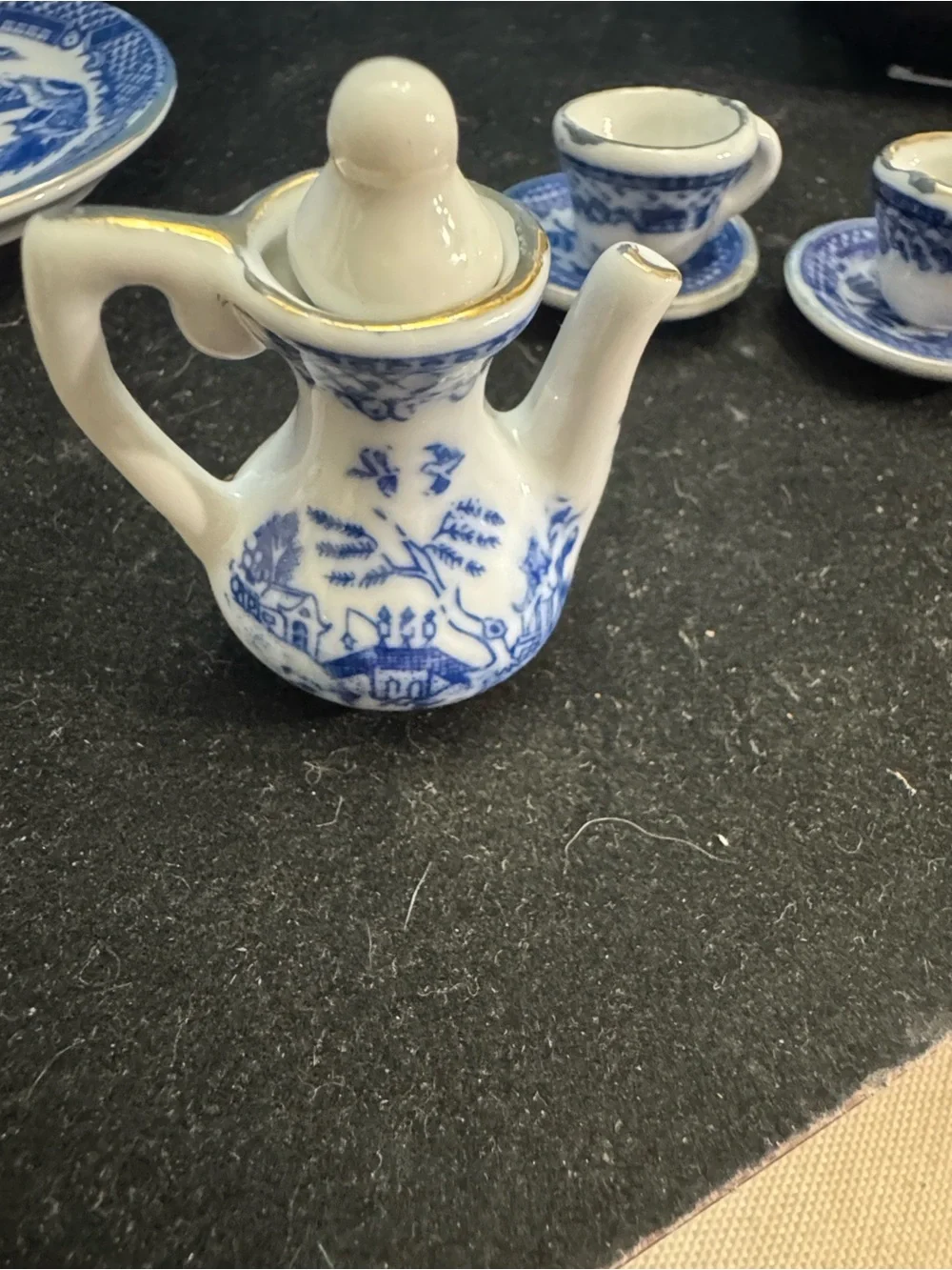 10pc Lot Miniature Mini Blue/White Gilded Porcelain TEA SET Teapot Sugar Creamer